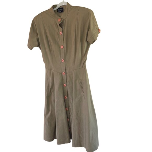 Le Crillon Womens Cotton Button Front A-line Dress Size 6 Khaki Tan Vintage - Picture 9 of 13